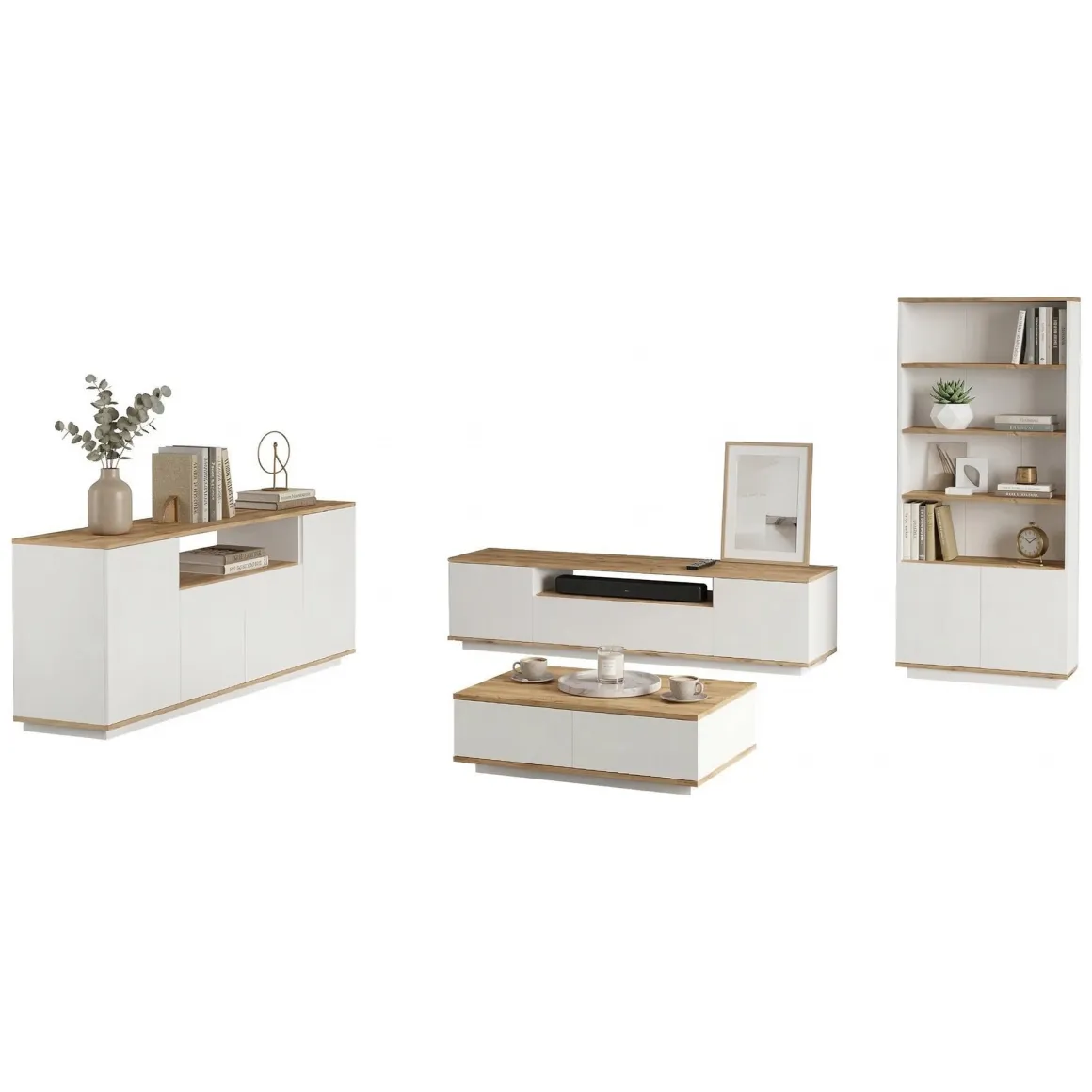 Mobili Soggiorno > Dmora Set Mobili da Soggiorno Marrone Rovere Nodi Bianco Modulabile 4 Ripiani, 3 Ante - Nepi Bianco, Marrone Rovere Nodi