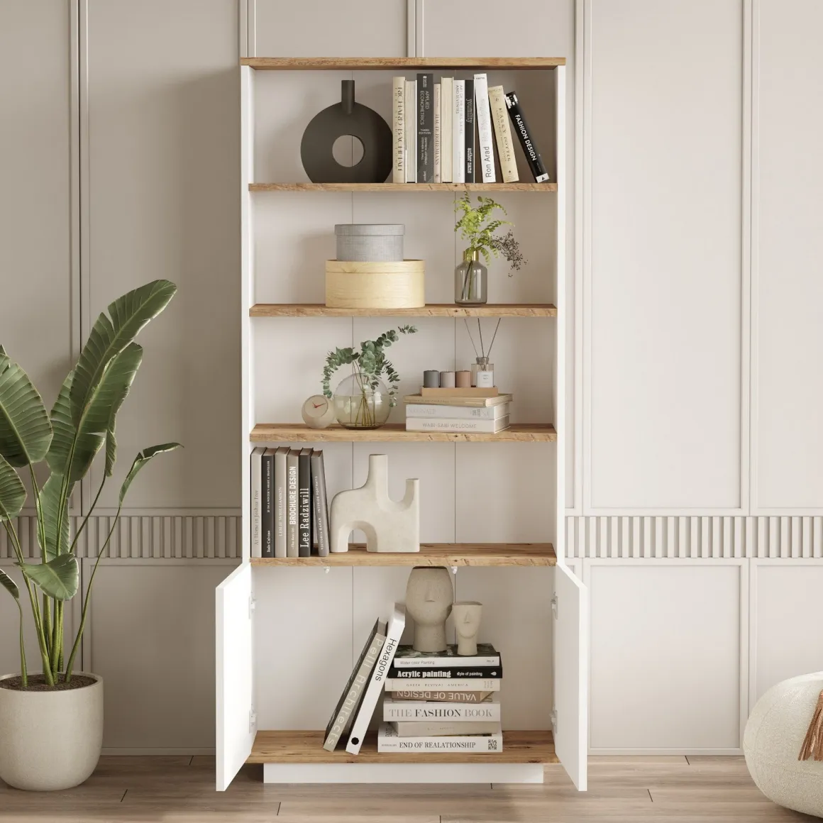 Mobili Soggiorno > Dmora Set Mobili da Soggiorno Marrone Rovere Nodi Bianco Modulabile 4 Ripiani, 3 Ante - Nepi Bianco, Marrone Rovere Nodi