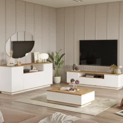Set Mobili da Soggiorno Marrone Rovere Nodi Bianco Modulabile 7 Ripiani, 9 Ante - Robella