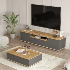Set Mobili da Soggiorno Marrone Rovere Nodi Nero Modulabile 2 Ripiani, 5 Ante - Nativo