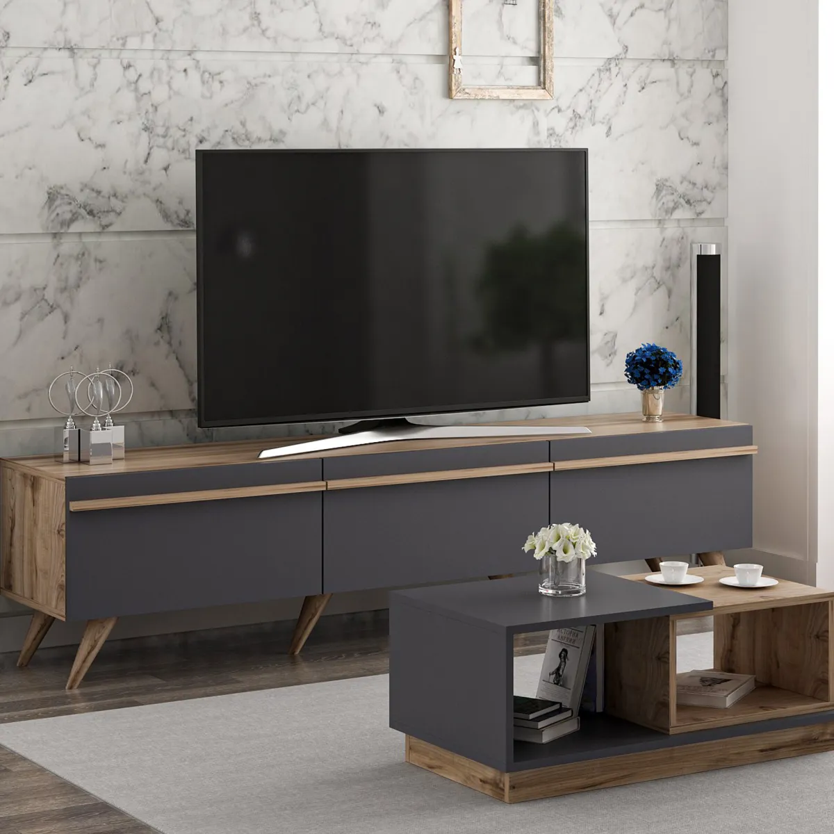 Mobili Soggiorno > Dmora Set Mobili da Soggiorno Nero Antracite Marrone Noce Modulabile 2 Ripiani, 3 Ante - Lerici Marrone Noce, Nero Antracite