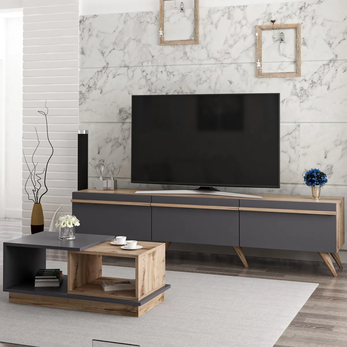 Mobili Soggiorno > Dmora Set Mobili da Soggiorno Nero Antracite Marrone Noce Modulabile 2 Ripiani, 3 Ante - Lerici Marrone Noce, Nero Antracite
