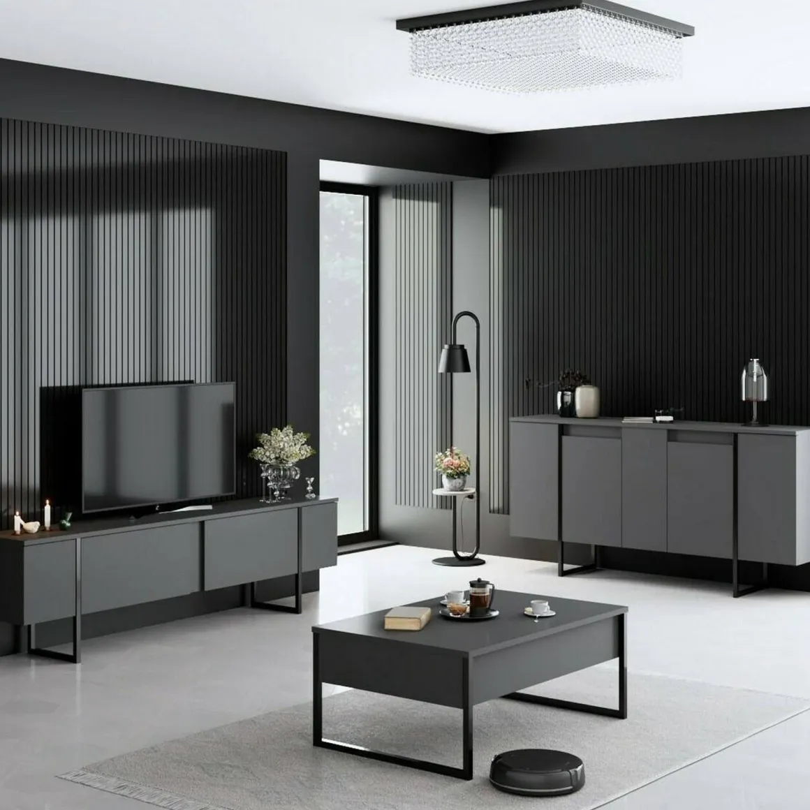 Set Mobili da Soggiorno Nero Antracite Modulabile 4 Ripiani, Apertura Battente, a Ribalta - Pignano