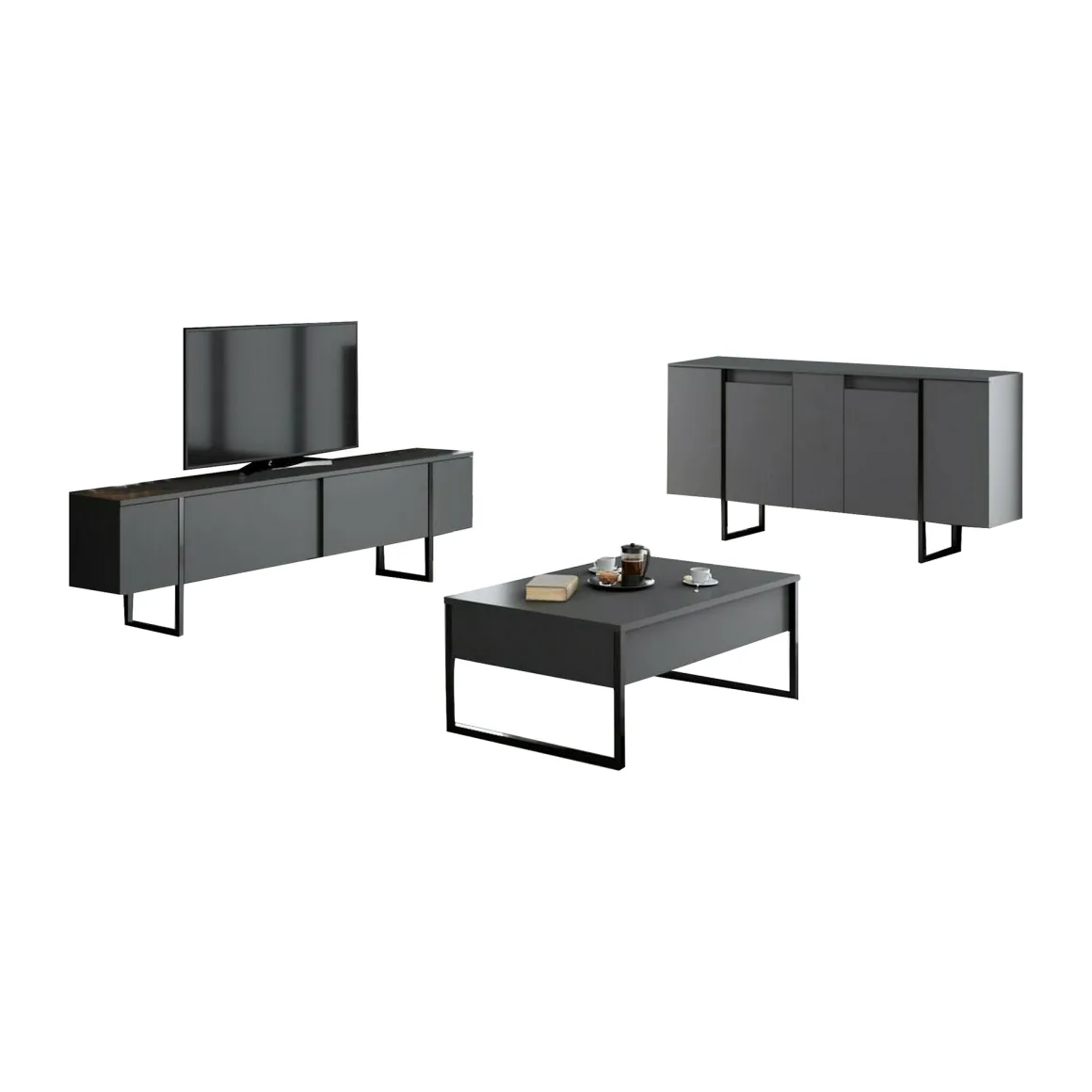 Set Mobili da Soggiorno Nero Antracite Modulabile 4 Ripiani, Apertura Battente, a Ribalta - Pignano