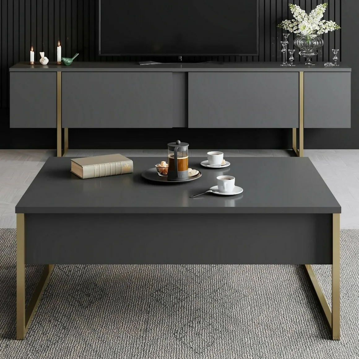 Set Mobili da Soggiorno Nero Antracite oro Modulabile 2 Ante, 2 Vani - Mornasco