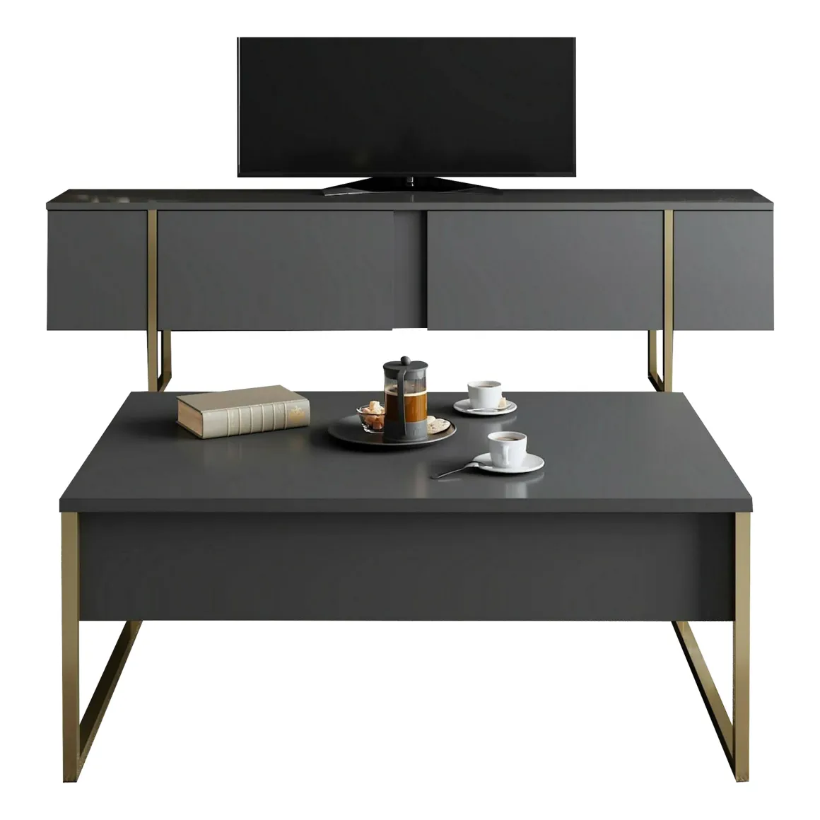 Set Mobili da Soggiorno Nero Antracite oro Modulabile 2 Ante, 2 Vani - Mornasco
