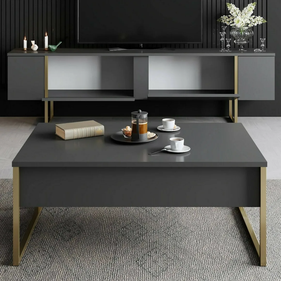 Set Mobili da Soggiorno Nero Antracite oro Modulabile 2 Ante, 2 Vani - Mornasco