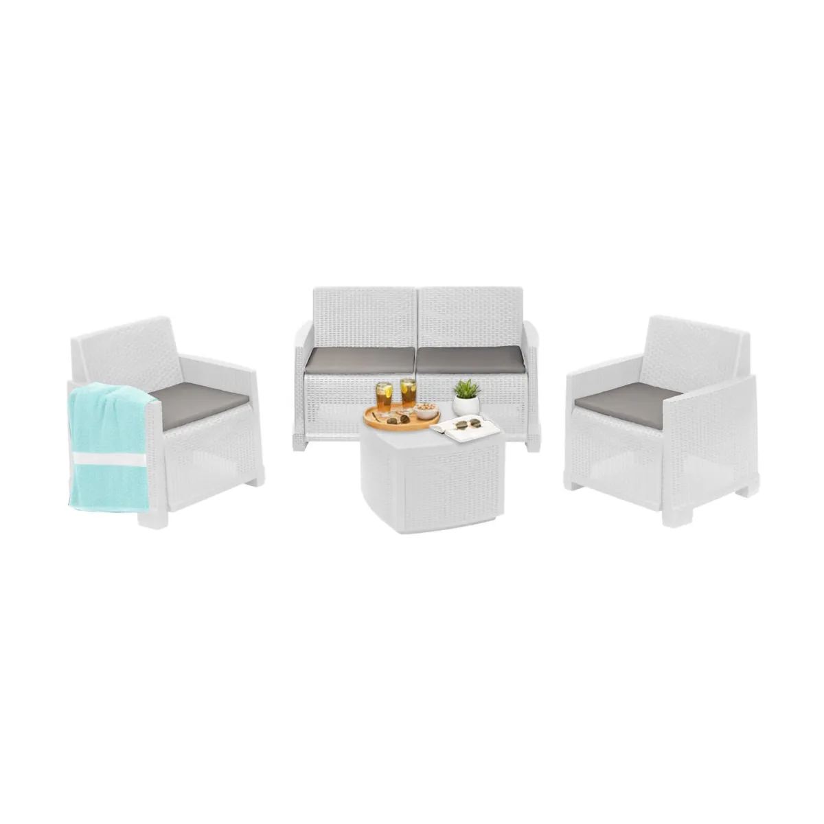 Set Da Esterno|Outdoor > Dmora Set salotto cortile 2 poltrone e 1 divano effetto rattan - Amer Bianco