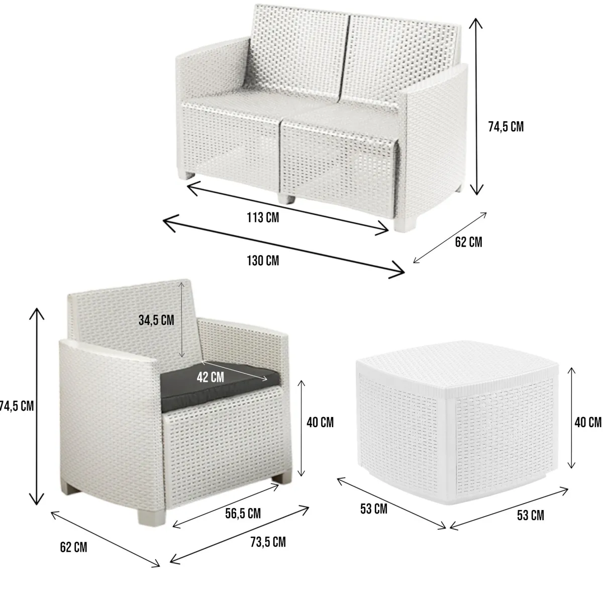 Set Da Esterno|Outdoor > Dmora Set salotto cortile 2 poltrone e 1 divano effetto rattan - Amer Bianco