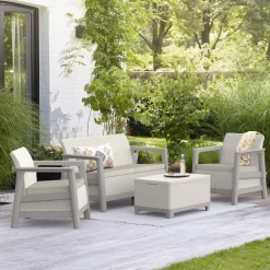 Set Da Esterno|Salotti Da Giardino > Dmora Set Salotto da Esterno 4 Posti un Tavolino, Resistente ai Raggi uv Impermeabile - Grafton Beige