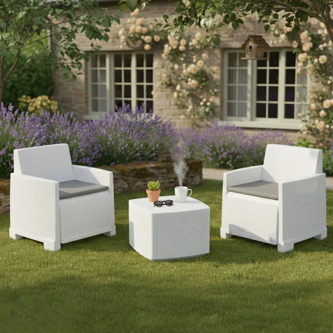 Set Salotto da Esterno Bianco 2 Posti un Tavolino, Made in Italy - Ari