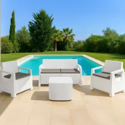 Set Salotto da Esterno Bianco 4 Posti un Tavolino, Cuscini Inclusi - Triulzi