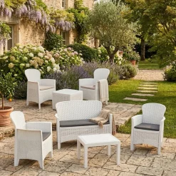 Salotti Da Giardino > Dmora Set Salotto da Esterno Bianco Bianco Salottino 4 Posti, Tavolo 10 Posti Posti un Tavolino, Impermeabile Idrorepellente Made in Italy - Domaso Bianco, Bianco