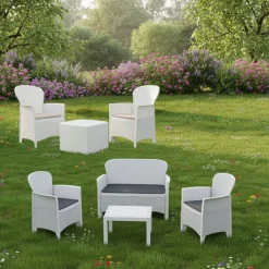 Salotti Da Giardino > Dmora Set Salotto da Esterno Bianco Bianco Salottino 4 Posti, Tavolo 10 Posti Posti un Tavolino, Impermeabile Idrorepellente Made in Italy - Domaso Bianco, Bianco