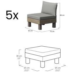 Set Salotto da Esterno Marrone Noce Grigio 5 Posti un Tavolino, Componibile Modulabile Resistente ai Raggi uv Impermeabile - Kendrick