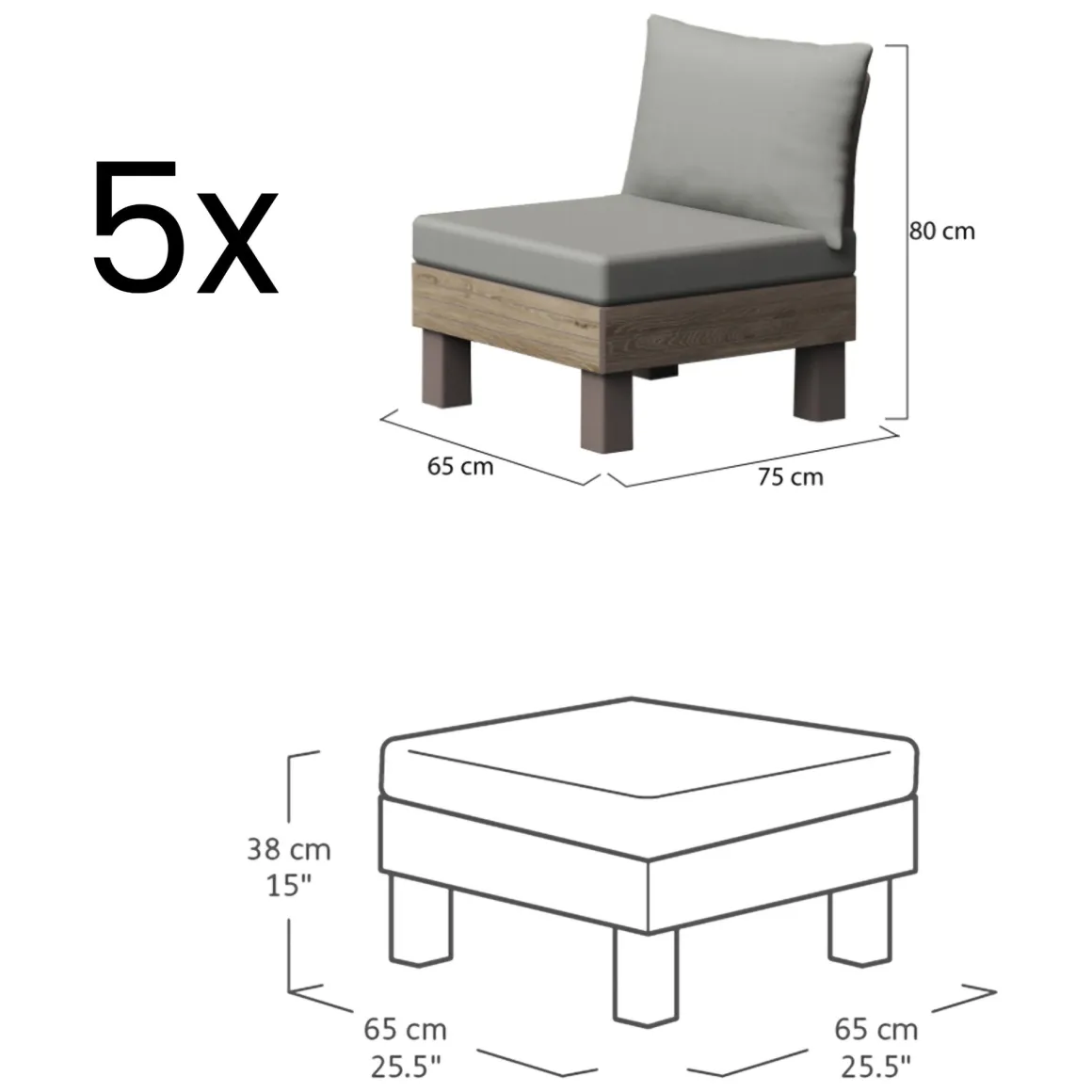 Set Salotto da Esterno Marrone Noce Grigio 5 Posti un Tavolino, Componibile Modulabile Resistente ai Raggi uv Impermeabile - Kendrick