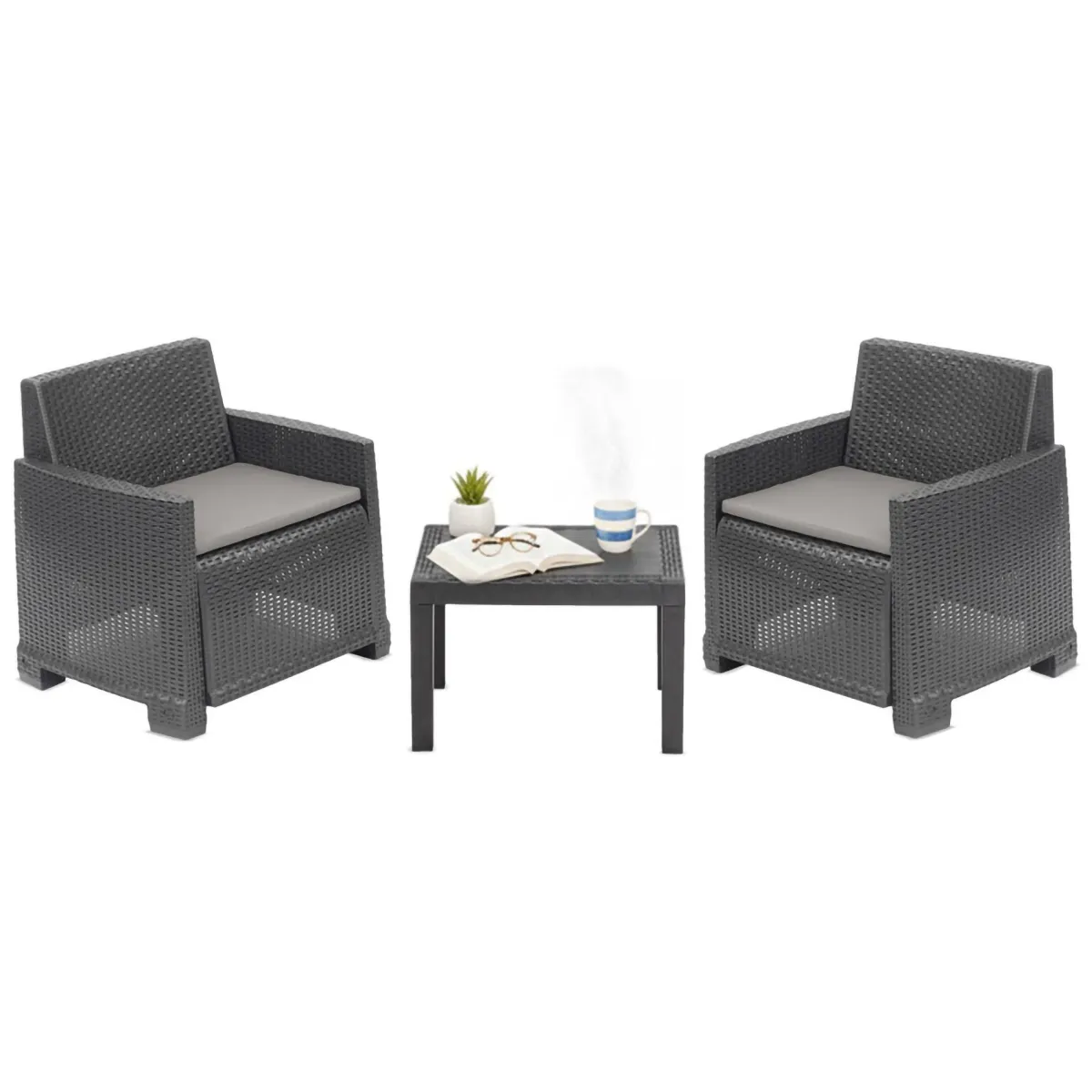 Set Da Esterno|Salotti Da Giardino > Dmora Set Salotto da Esterno 2 Posti un Tavolino, Cuscini Inclusi - Rosta Nero Antracite