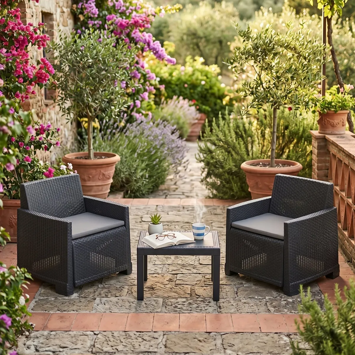 Set Da Esterno|Salotti Da Giardino > Dmora Set Salotto da Esterno 2 Posti un Tavolino, Cuscini Inclusi - Rosta Nero Antracite