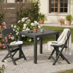 Set Salotto da Esterno Nero Antracite 2 Posti un Tavolino, Made in Italy - Corinth