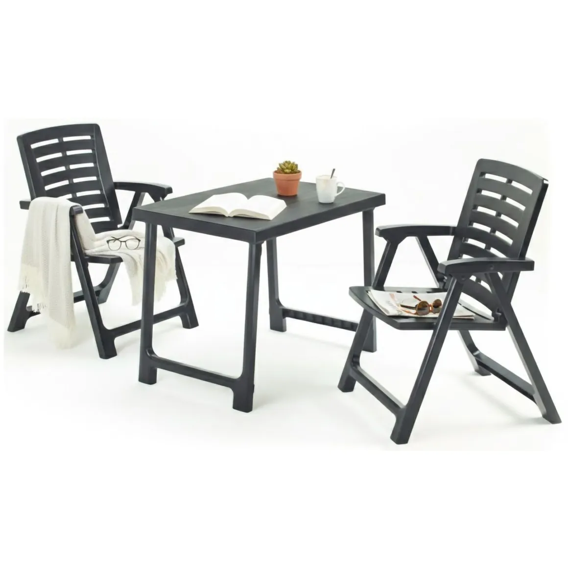 Set Da Esterno > Dmora Set Salotto da Esterno 4 Posti Tavolo Tavolo Allungabile, Finitura Effetto Doghe Made in Italy - Masisa Nero Antracite