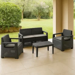 Set Salotto da Esterno Nero Antracite 4 Posti un Tavolino, Cuscini Inclusi - Covo
