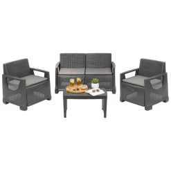 Set Salotto da Esterno Nero Antracite 4 Posti un Tavolino, Cuscini Inclusi - Covo