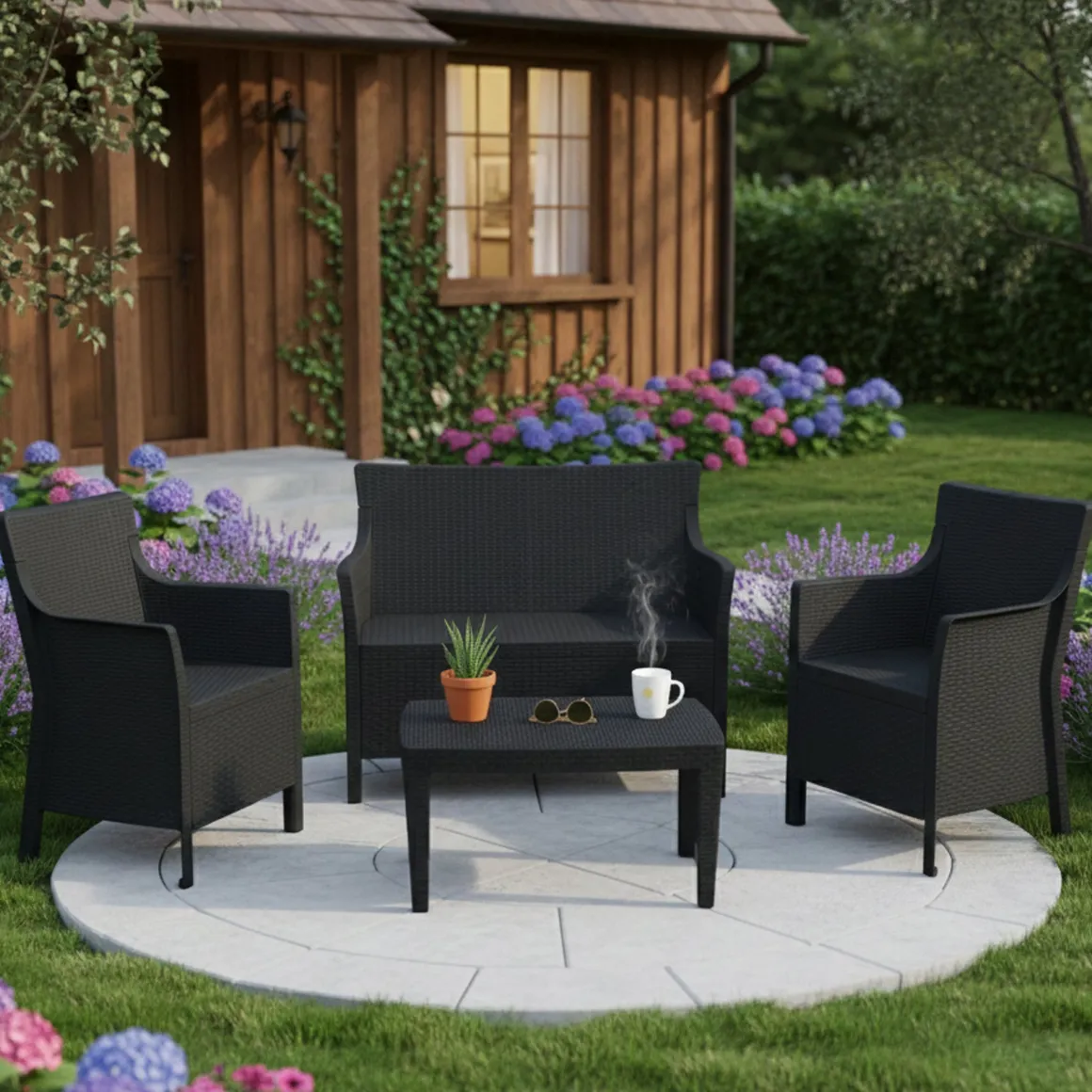 Set Salotto da Esterno Nero Antracite 4 Posti un Tavolino, Made in Italy - Lasca