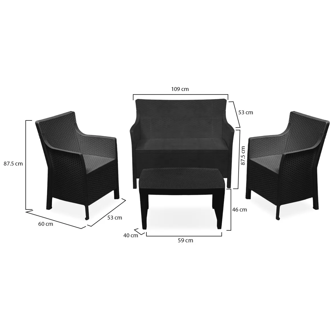 Set Salotto da Esterno Nero Antracite 4 Posti un Tavolino, Made in Italy - Lasca