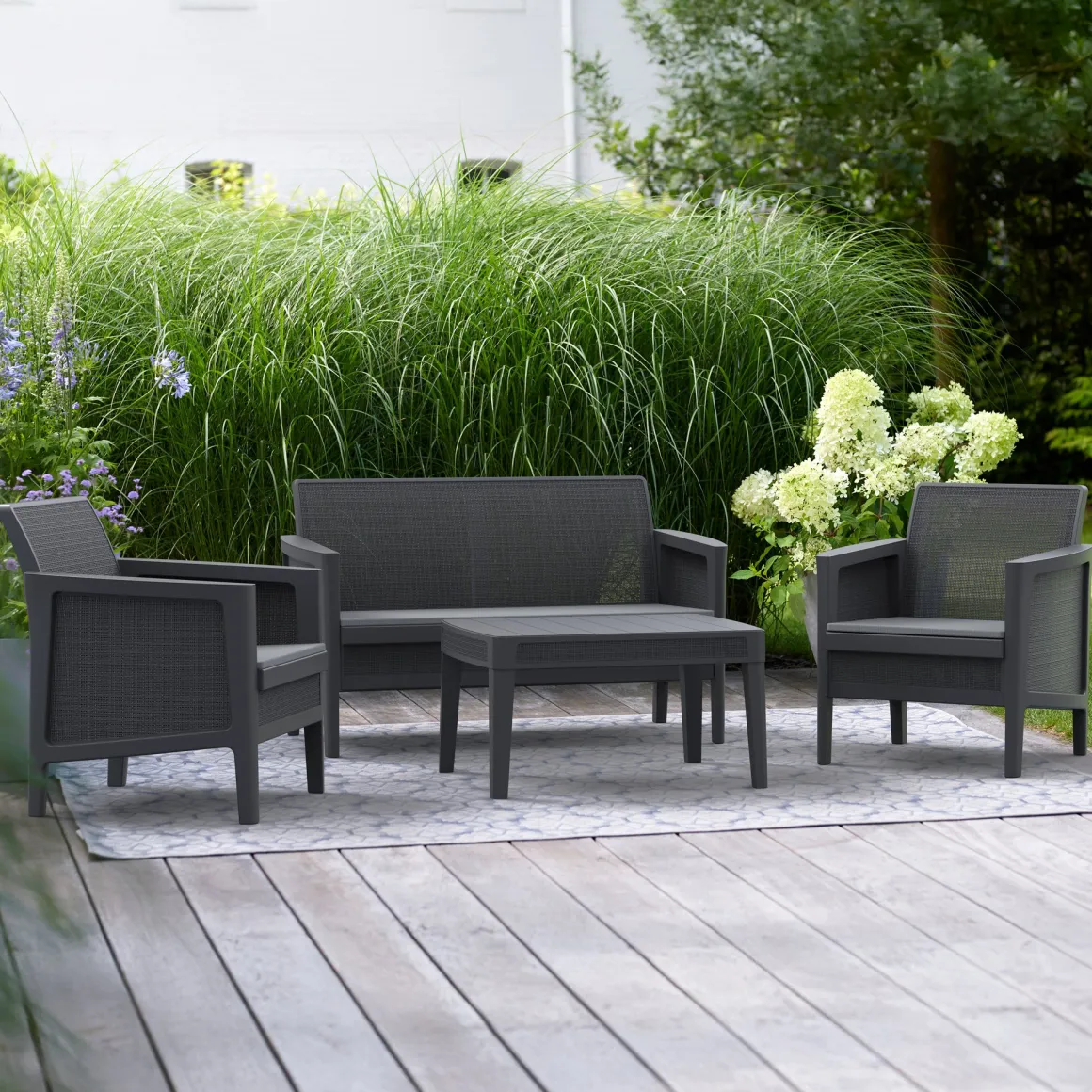 Salotti Da Giardino > Dmora Set Salotto da Esterno Nero Antracite Nero Antracite 6 Posti 2 Tavolini, Impermeabile Idrorepellente Made in Italy - Curno Nero Antracite, Nero Antracite