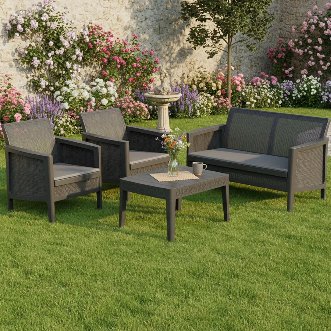 Salotti Da Giardino > Dmora Set Salotto da Esterno Nero Antracite Nero Antracite 6 Posti 2 Tavolini, Impermeabile Idrorepellente Made in Italy - Curno Nero Antracite, Nero Antracite