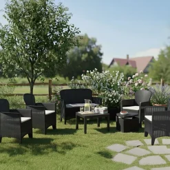Salotti Da Giardino > Dmora Set Salotto da Esterno Nero Antracite Nero Antracite Salottino 4 Posti, Tavolo 10 Posti Posti un Tavolino, Impermeabile Idrorepellente Made in Italy Nero Antracite, Nero Antracite
