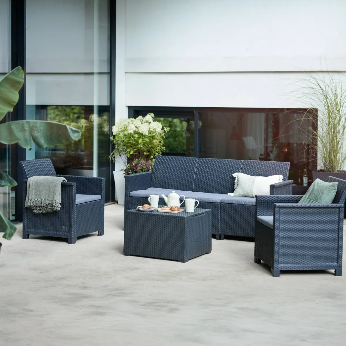 Set Da Esterno|Salotti Da Giardino > Dmora Set salotto da esterno Orillia, Antracite, Sofà 3 posti Nero Antracite
