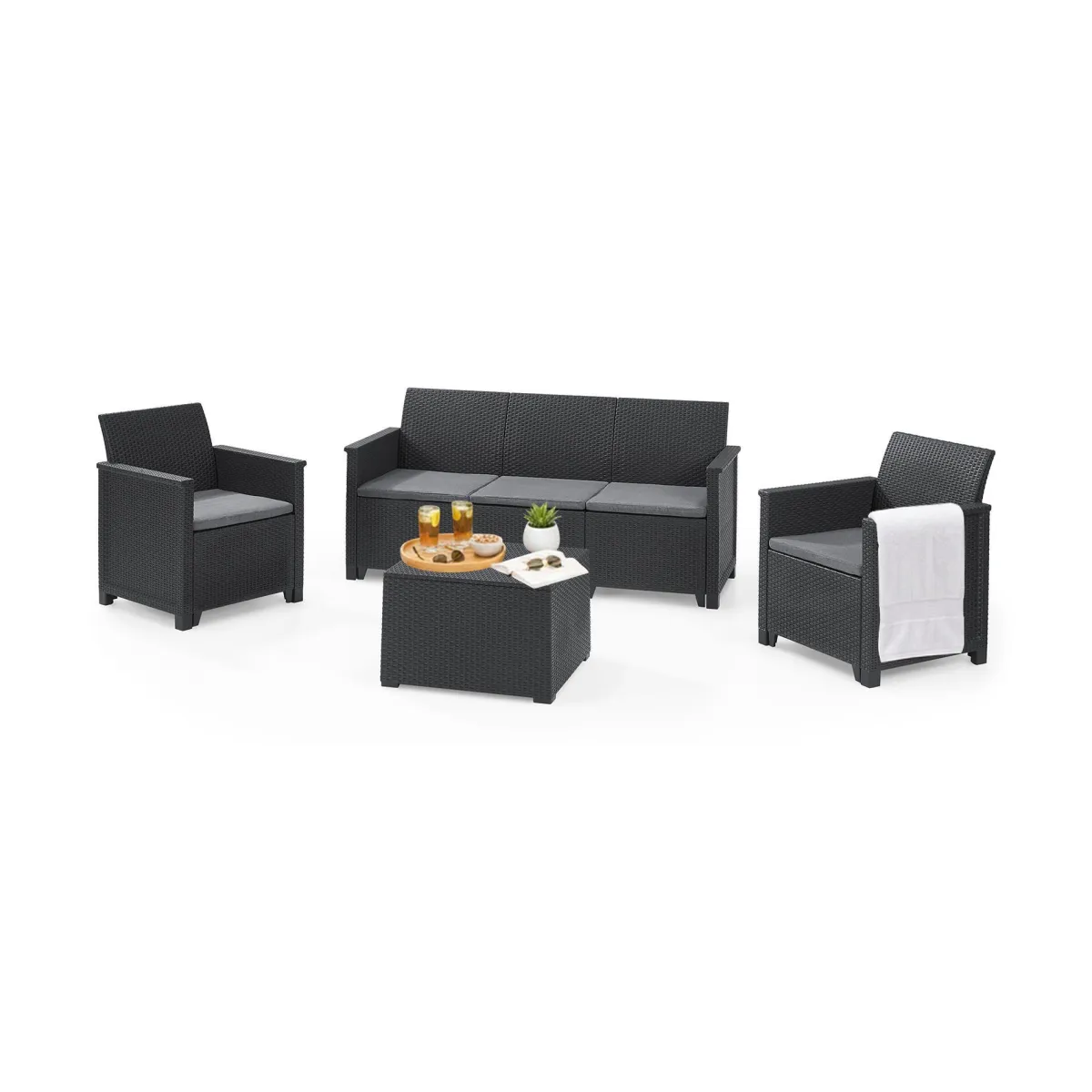 Set Da Esterno|Salotti Da Giardino > Dmora Set salotto da esterno Orillia, Antracite, Sofà 3 posti Nero Antracite