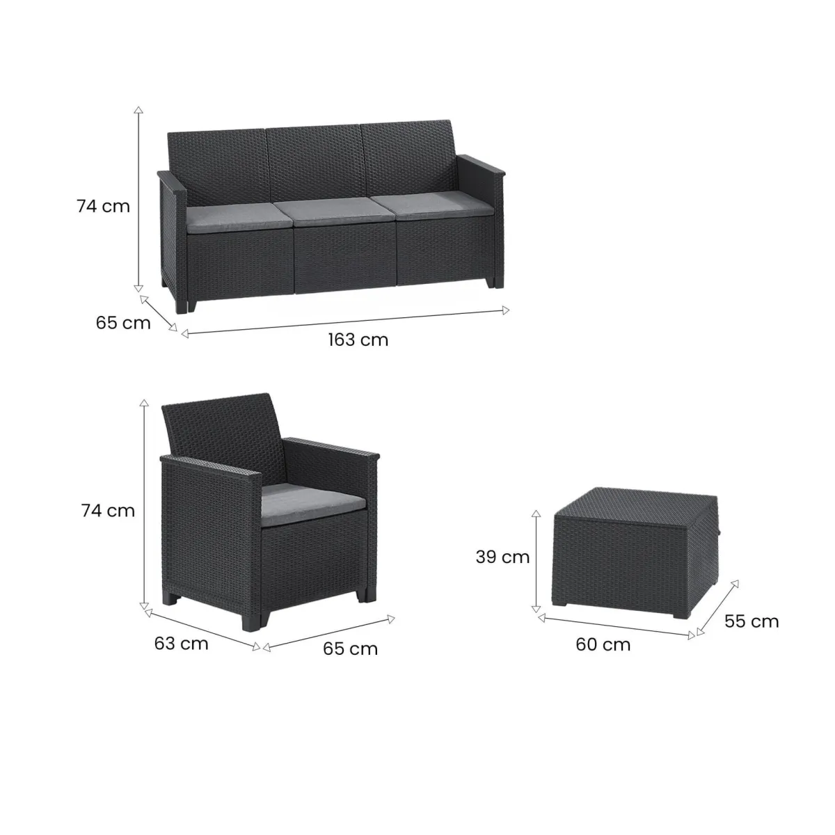 Set Da Esterno|Salotti Da Giardino > Dmora Set salotto da esterno Orillia, Antracite, Sofà 3 posti Nero Antracite