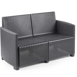Set salotto da esterno Sassari, Set da giardino con cuscini composto da 2 poltrone, 1 divano a due posti e 1 tavolino, Salottino indoor, 100% Made in Italy, Antracite, con 8 cuscini
