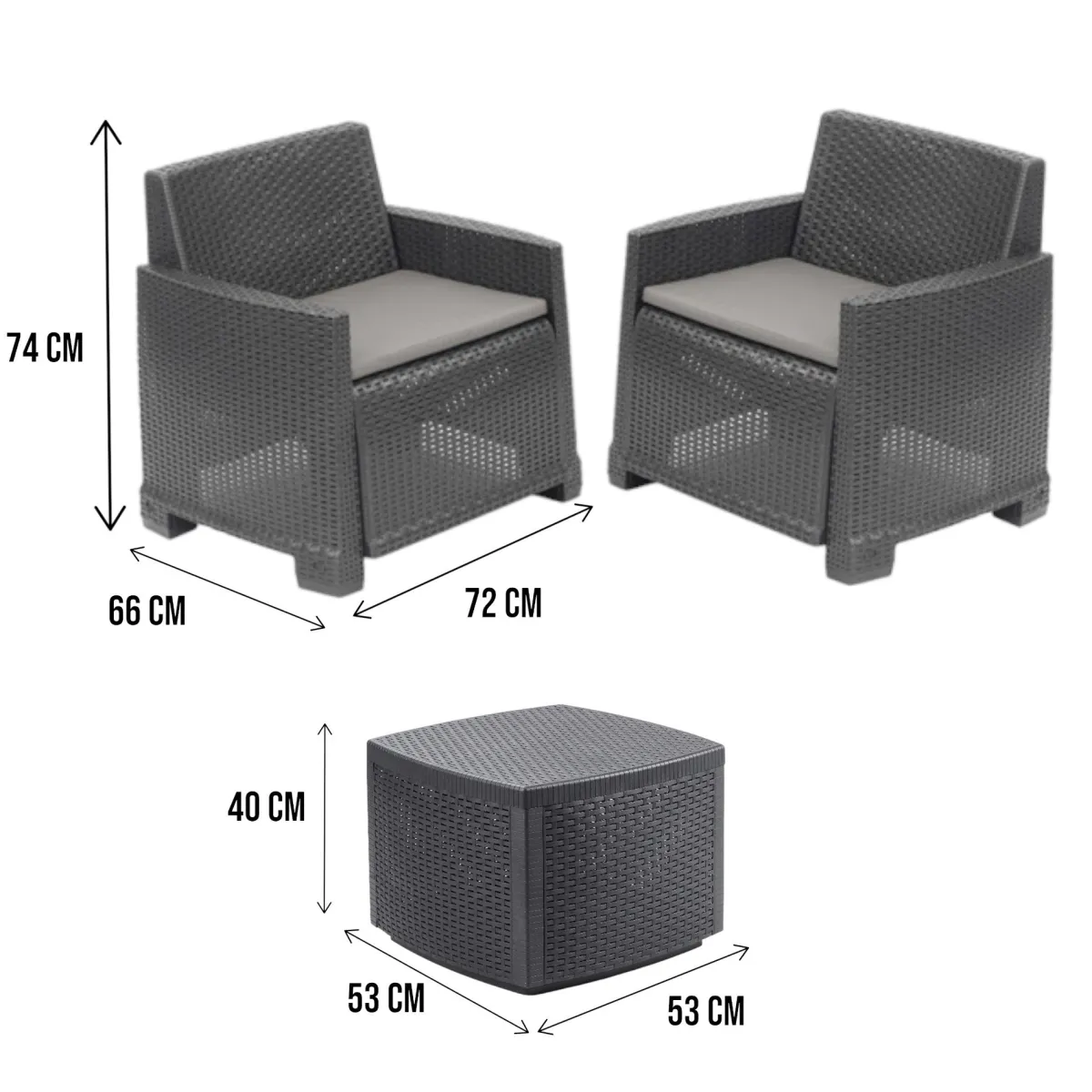 Set Da Esterno|Outdoor > Dmora Set salotto esterno 2 poltroncine e 1 tavolino contenitore antracite - Ari Nero Antracite