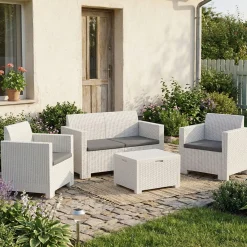 Set salotto esterno poltrone e divano con tavolino contenitore bianco - Gazania