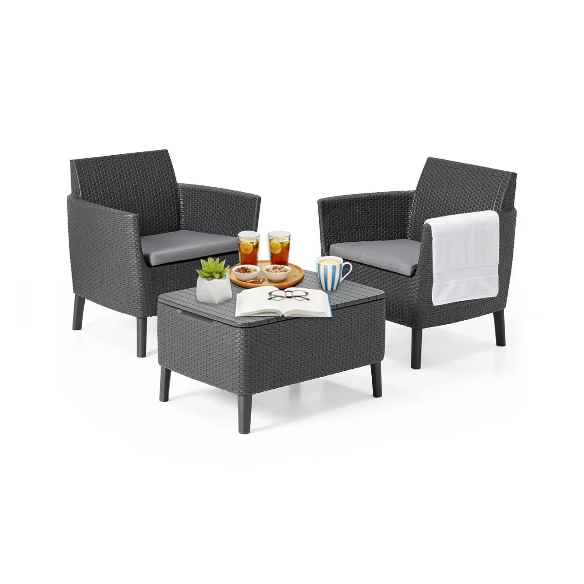 Set Da Esterno|Salotti Da Giardino > Dmora Set salotto esterno 2 posti e 1 tavolino contenitore antracite - Granby Nero Antracite