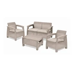 Set salotto esterno 3 posti e 1 tavolo effetto rattan beige - Nelson