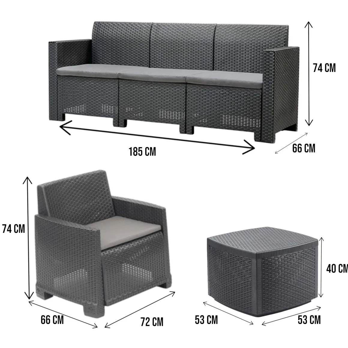 Set salotto esterno 5 posti e 1 tavolo effetto rattan antracite - Akay
