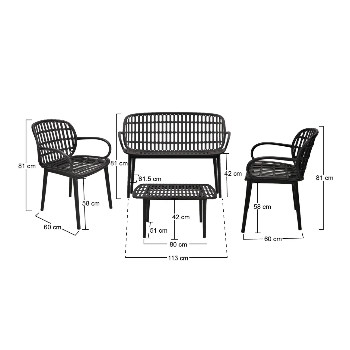 Set salotto giardino minimal 2 poltrone e 1 panchina antracite - Jurij