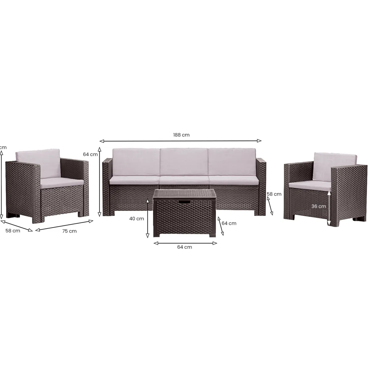 Set Da Esterno|Salotti Da Giardino > Dmora Set salotto giardino 2 poltrone e 1 divano - Cameri Marrone