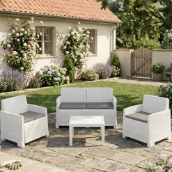 Set salotto giardino 4 posti e 1 tavolo effetto rattan bianco - Atrito