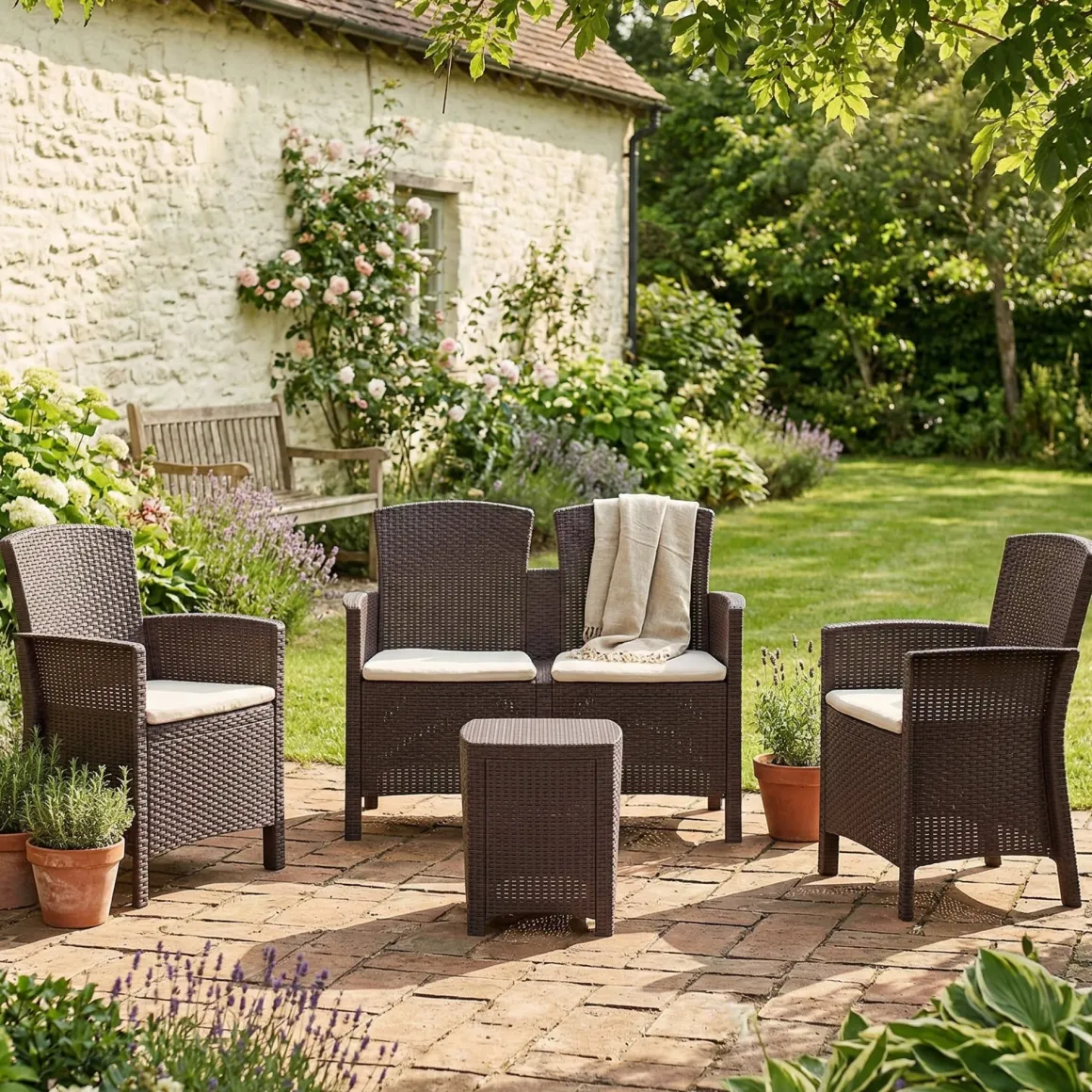 Set salotto terrazza 2 poltrone e 1 divano effetto rattan marrone - Eustachia