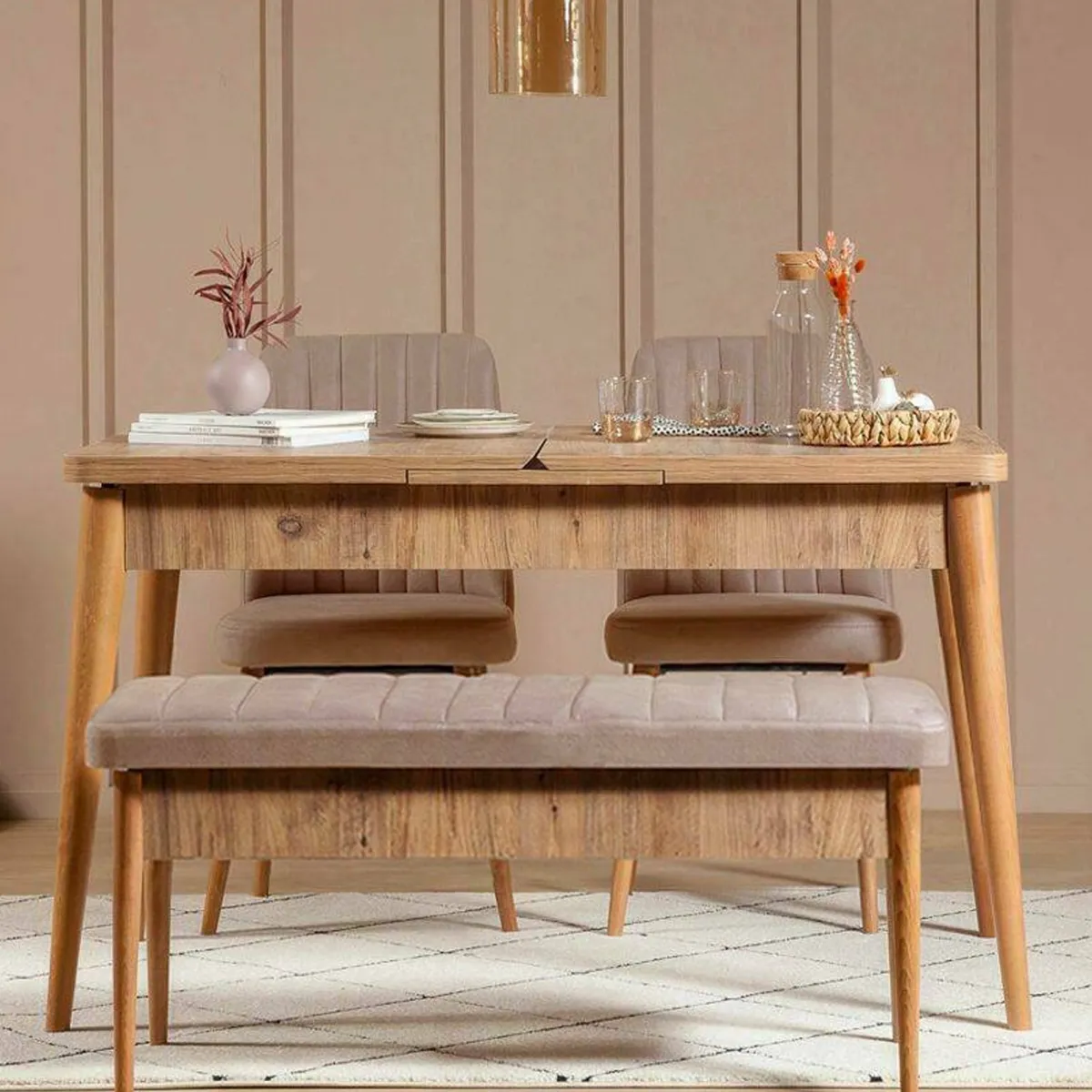 Set Tavolo E Sedie > Dmora Set tavolo allungabile 8 posti 2 sedie e 1 panca in legno - Padru Grigio Cemento, Marrone Quercia