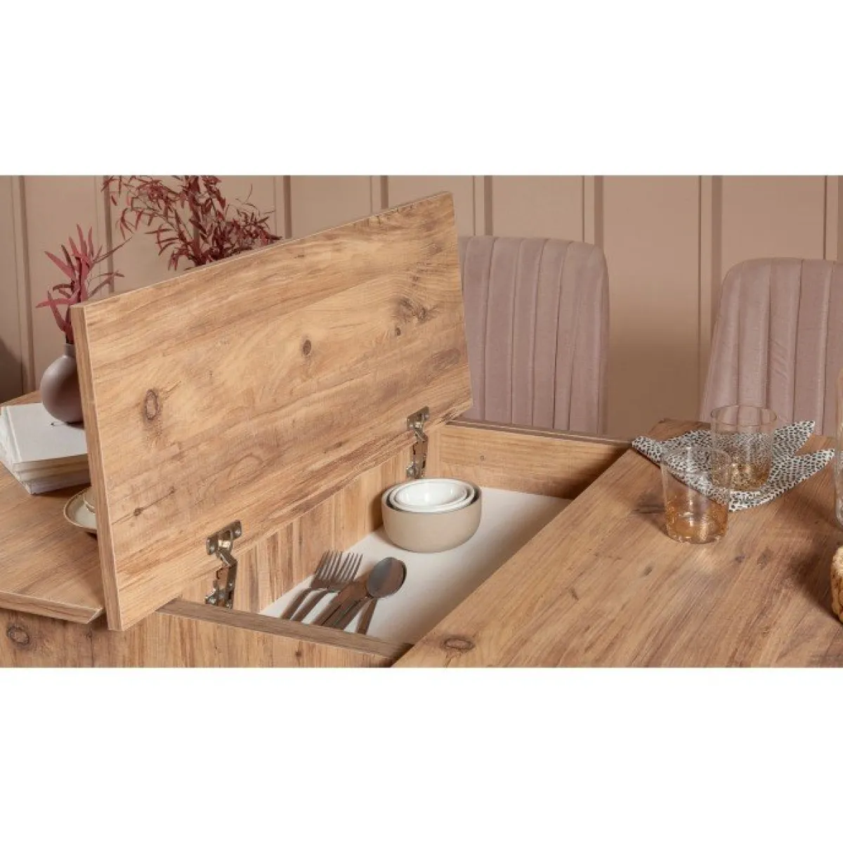 Set Tavolo E Sedie > Dmora Set tavolo allungabile 8 posti 2 sedie e 1 panca in legno - Padru Grigio Cemento, Marrone Quercia