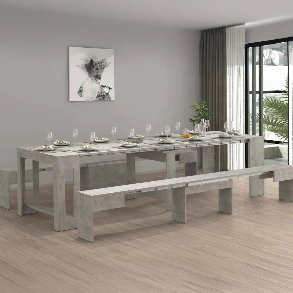 Set Tavolo E Sedie|Cucina > Dmora Set tavolo cucina estensibile e 2 panche estensibili 12 posti - Auditore Grigio