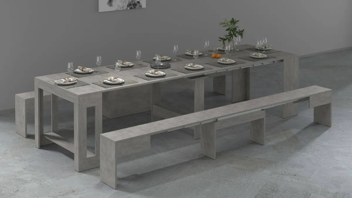 Set Tavolo E Sedie|Cucina > Dmora Set tavolo cucina estensibile e 2 panche estensibili 12 posti - Auditore Grigio