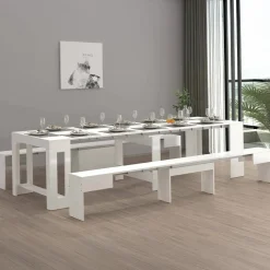 Set tavolo da pranzo allungabile e 2 panche allungabili bianco lucido 12 posti - Auditore