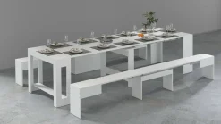 Set tavolo da pranzo allungabile e 2 panche allungabili bianco lucido 12 posti - Auditore